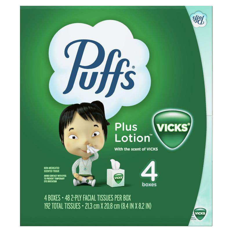 slide 13 of 16, Puffs Plus Lotion with Scent of VICKS Facial Tissue - 4pk/192ct, 4 ct, 192 ct