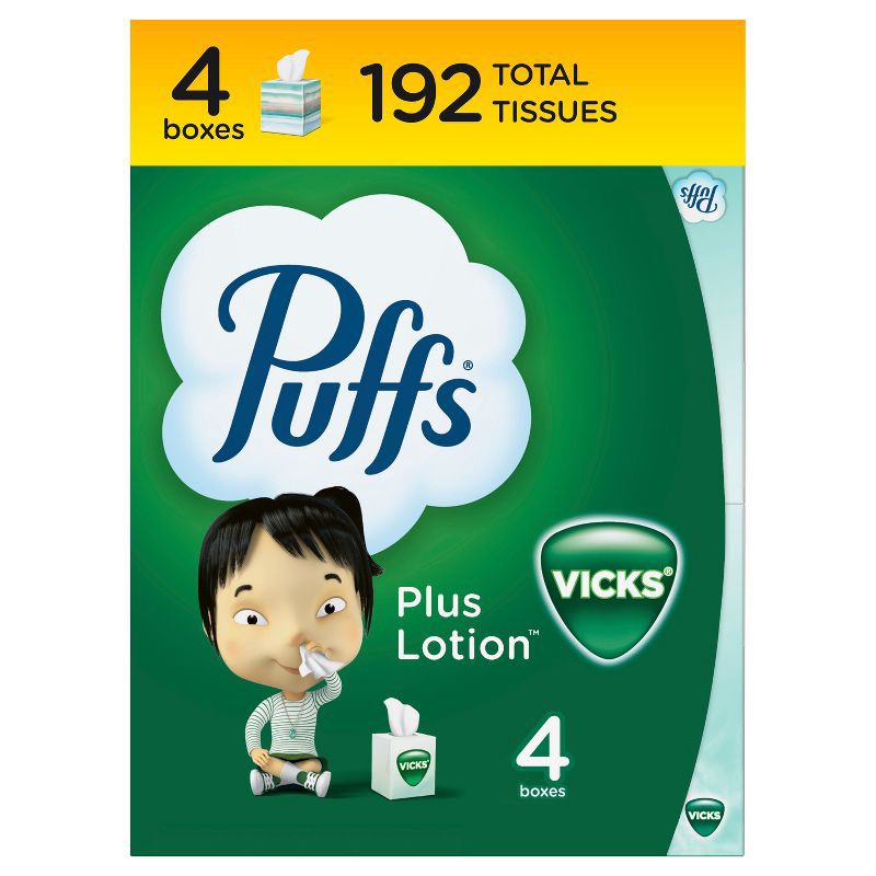 slide 1 of 16, Puffs Plus Lotion with Scent of VICKS Facial Tissue - 4pk/192ct, 4 ct, 192 ct