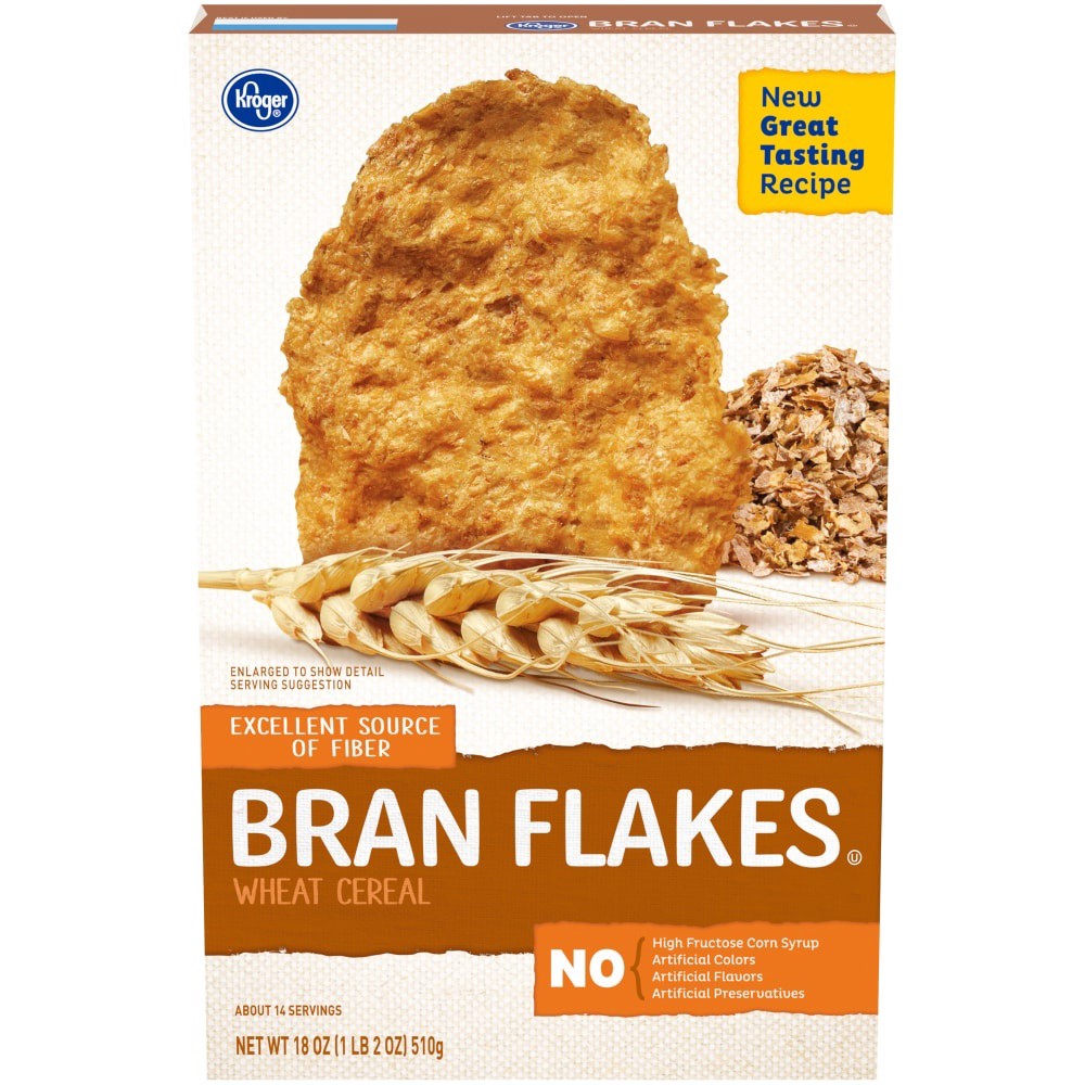 slide 1 of 6, Kroger Bran Flakes Wheat Cereal, 18 oz