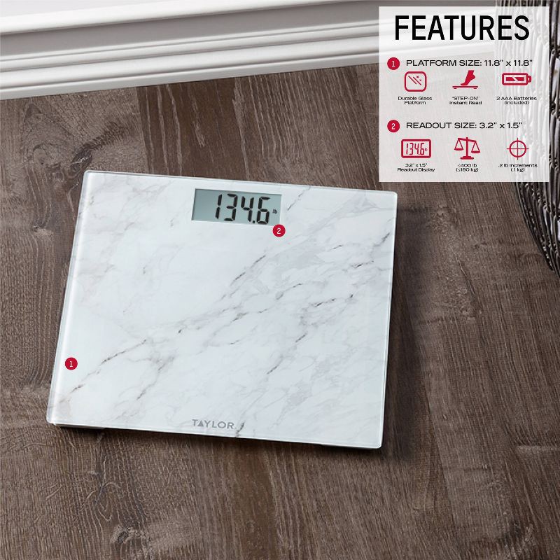 slide 3 of 8, Taylor Digital Glass Bathroom Scale - Marble Design White, 1 ct