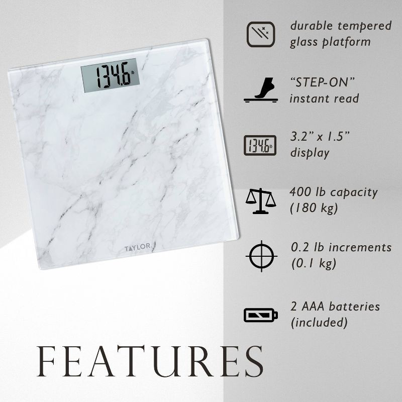 slide 3 of 10, Taylor Digital Glass Bathroom Scale - Marble Design White, 1 ct