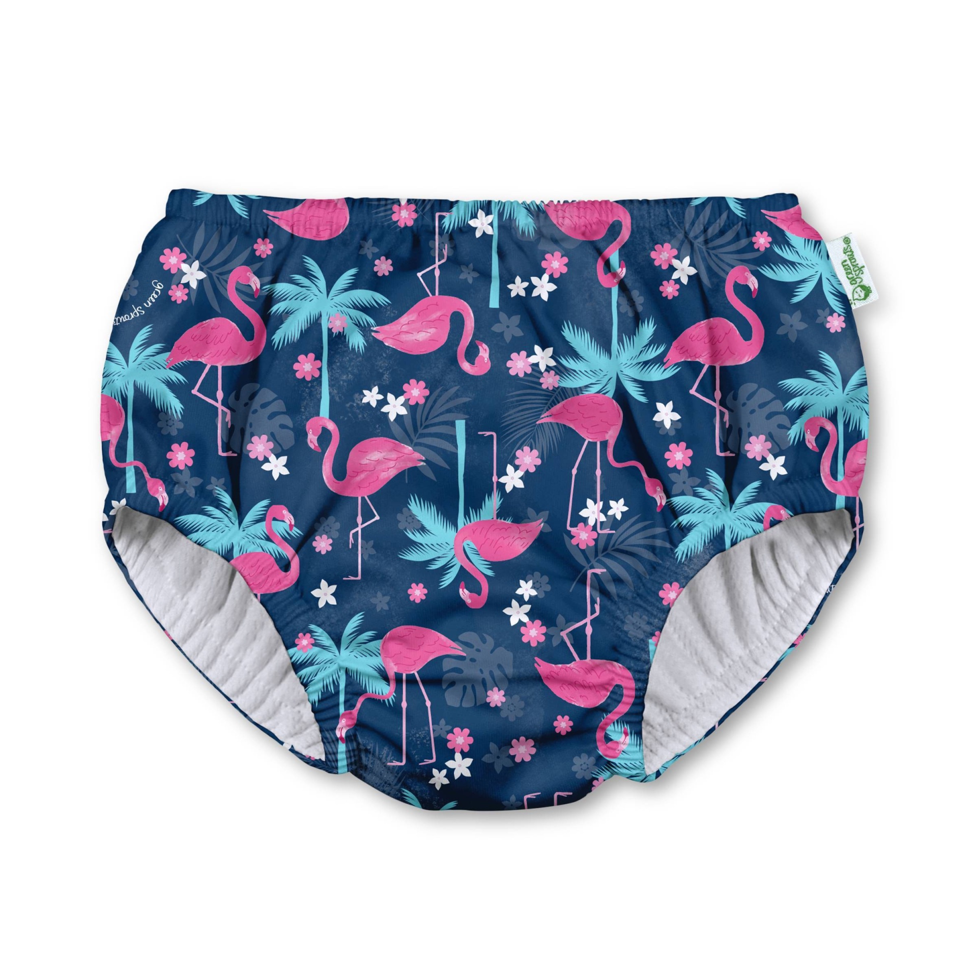 slide 1 of 4, green sprouts Baby Girls' Tropical Flamingos Pull-Up Absorbent Reusable Swim Diaper - Navy 0-6M, 1 ct