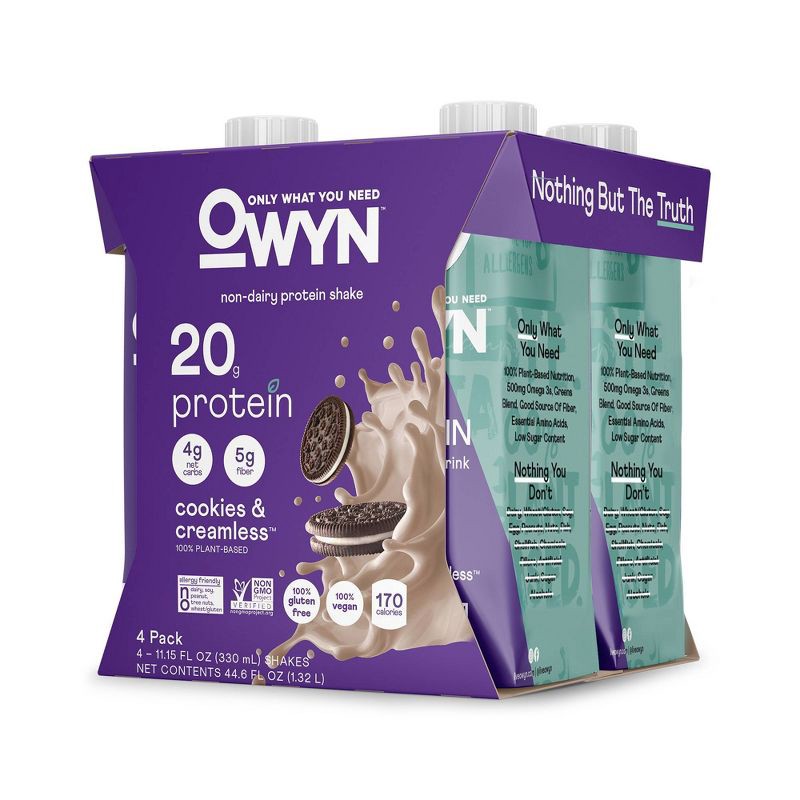 slide 3 of 4, OWYN 20g Dairy Free Protein Shake Cookies and Creamless Non-Caffeinated - 4pk/44.6 fl oz, 20 gram, 4 ct, 44.6 fl oz