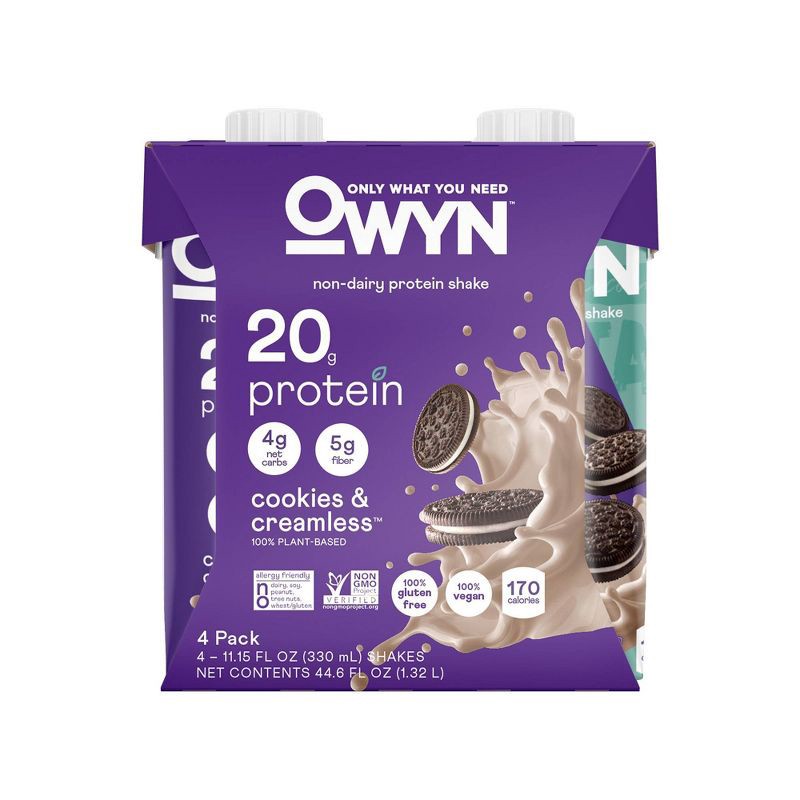 slide 1 of 4, OWYN 20g Dairy Free Protein Shake Cookies and Creamless Non-Caffeinated - 4pk/44.6 fl oz, 20 gram, 4 ct, 44.6 fl oz