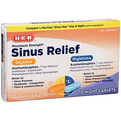 slide 1 of 1, H-E-B Mucus Relief Sinus Day and Night Maximum Strength, 20 ct