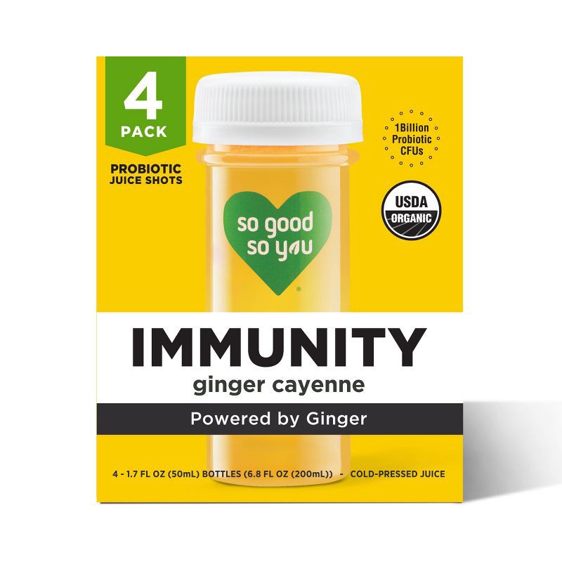 slide 1 of 5, So Good So You Immunity Ginger Cayenne Organic Probiotic Juice Shots - 4ct/1.7 fl oz, 4 ct, 1.7 fl oz