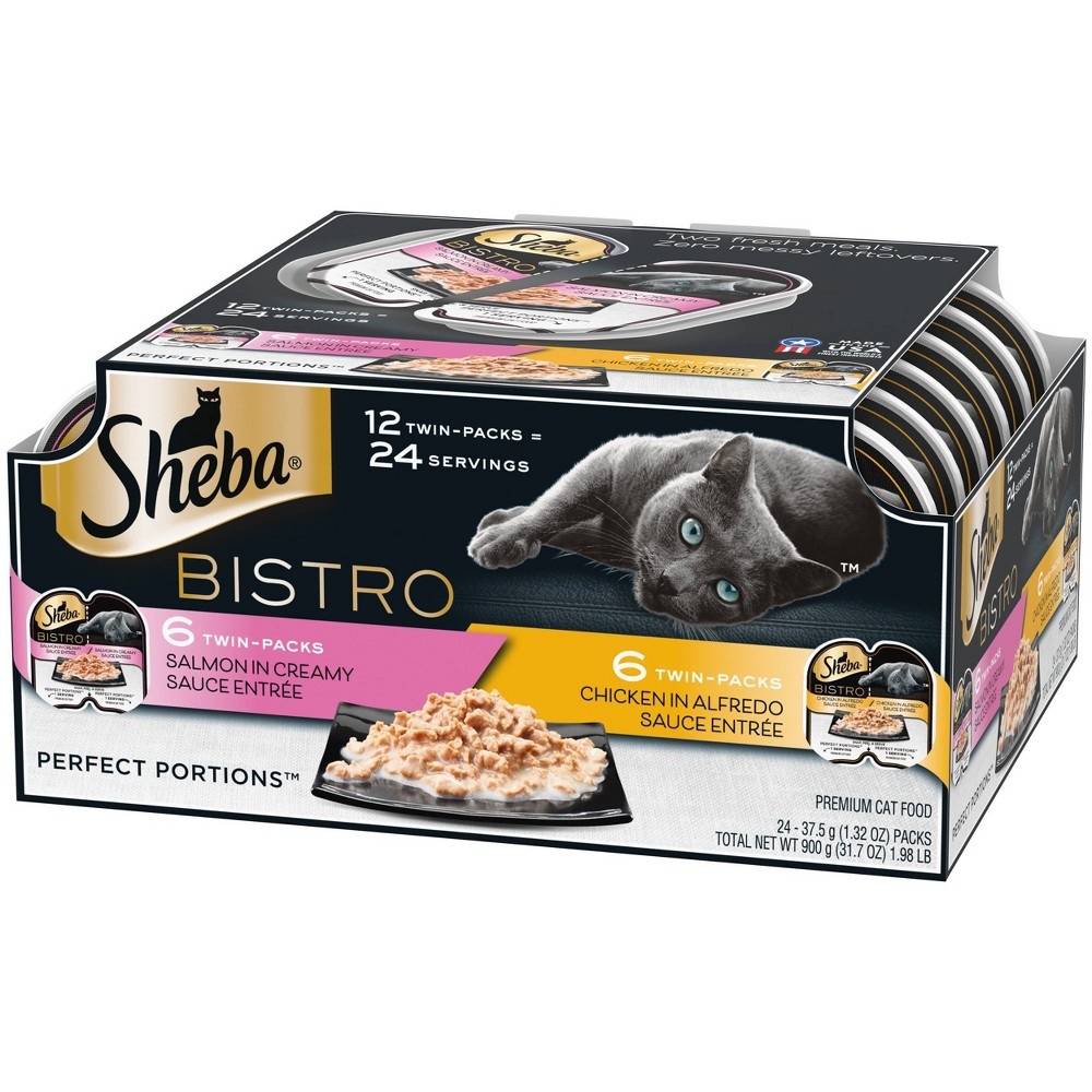 slide 5 of 5, Sheba Perfect Portions Bistro Salmon in Creamy Sauce & Chicken in Alfredo Sauce Wet Cat Food Variety Pack, 2.6 oz, 12 ct