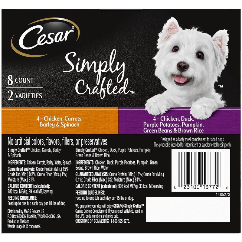 slide 2 of 10, Cesar Simply Crafted Chicken, Duck, Purple Potatoes, Pumpkin, Green Beans, Brown Rice, Carrot, Barley & Spinach Adult Wet Dog Food - 1.3oz/8ct, 1.3 oz, 8 ct