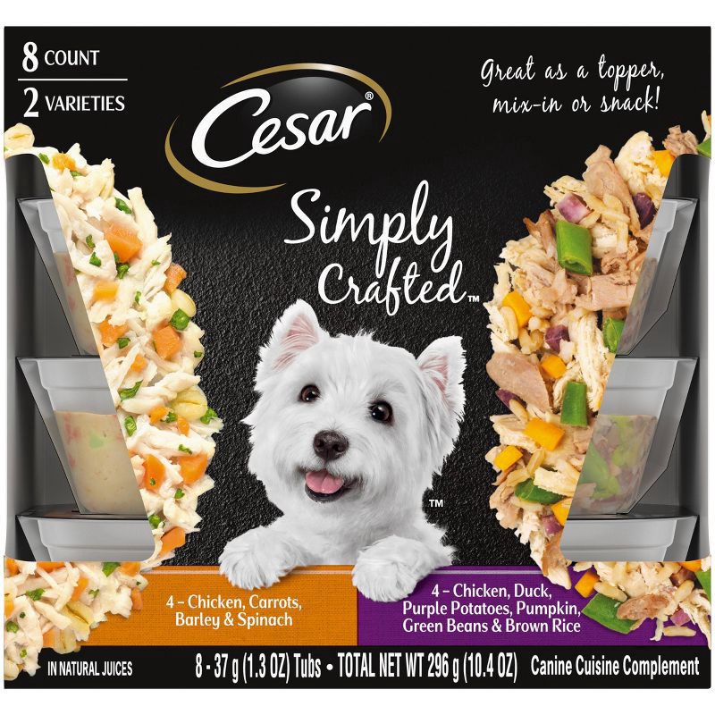 slide 1 of 10, Cesar Simply Crafted Chicken, Duck, Purple Potatoes, Pumpkin, Green Beans, Brown Rice, Carrot, Barley & Spinach Adult Wet Dog Food - 1.3oz/8ct, 1.3 oz, 8 ct