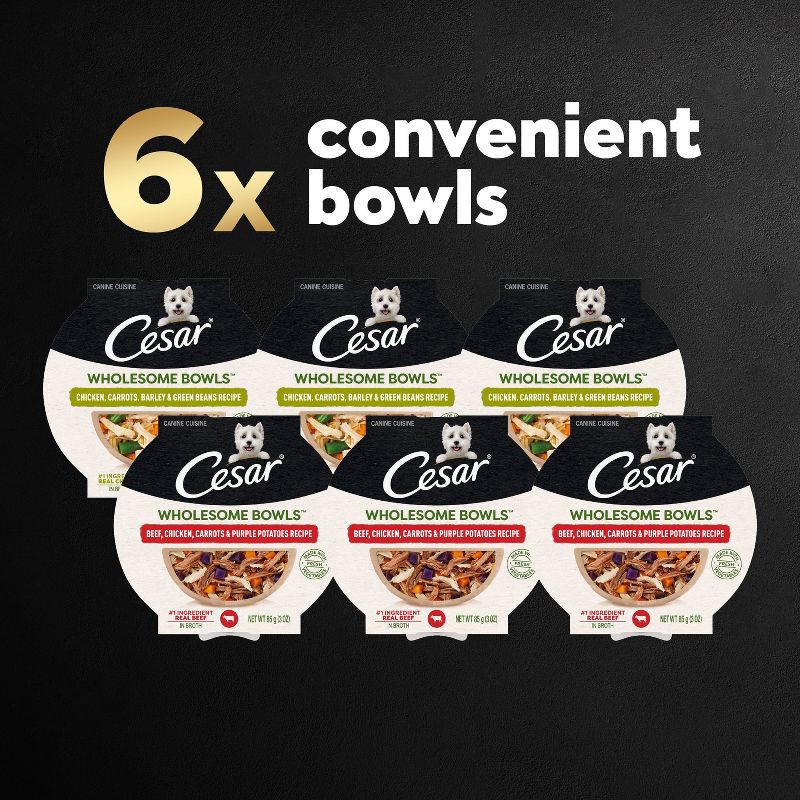 slide 8 of 10, Cesar Wholesome Bowls Chicken, Potato, Carrot, Vegetable and Beef Flavor Variety Pack Small Breed Wet Dog Food - 3oz/6ct, 6 ct; 3 oz