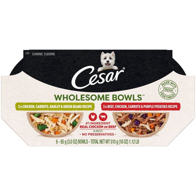 slide 1 of 10, Cesar Wholesome Bowls with Chicken, Carrots, Barley, and Green Beans Recipe & Beef, Purple Potatoes, and Carrots Adult Wet Dog Food - 3oz/6ct, 6 ct; 3 oz