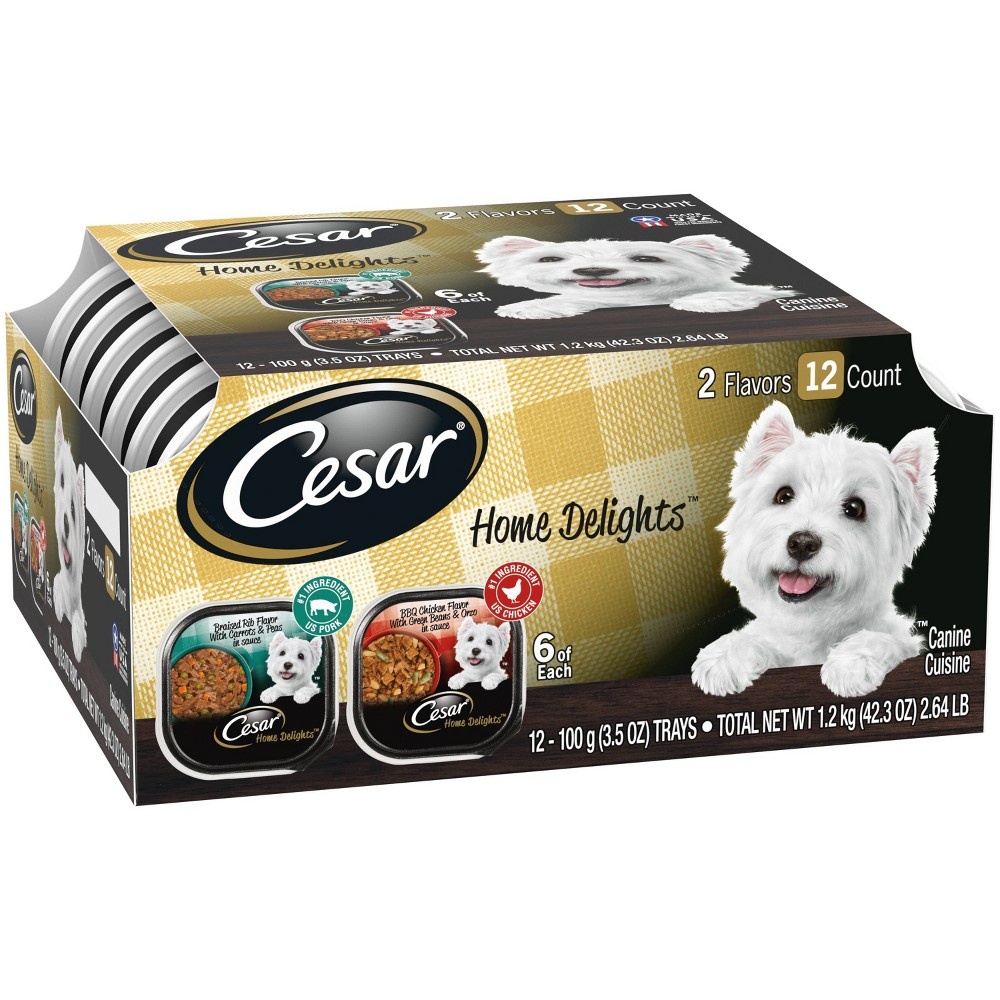 slide 4 of 4, Cesar Home Delights Braised Rib Flavor BBQ Chicken Flavor Wet Dog Food, 3.5 oz, 12 ct