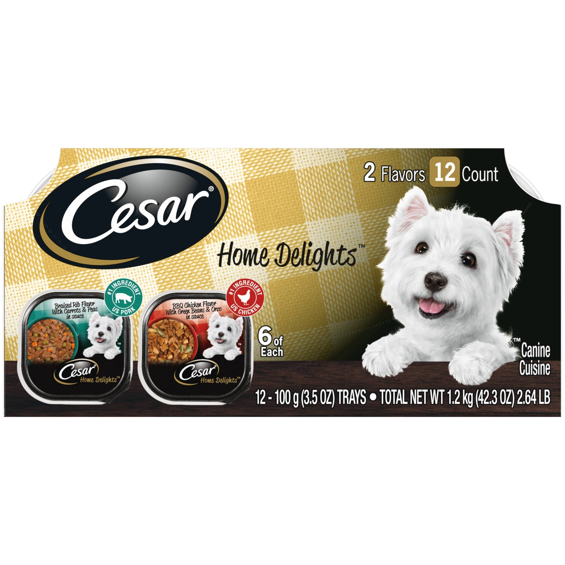 slide 1 of 4, Cesar Home Delights Braised Rib Flavor BBQ Chicken Flavor Wet Dog Food, 3.5 oz, 12 ct