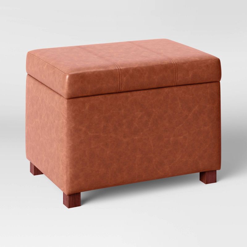 slide 3 of 5, Essex Single Storage Ottoman Caramel Faux Leather - Threshold™: Upholstered Rectangular Bench with Lid, 1 ct