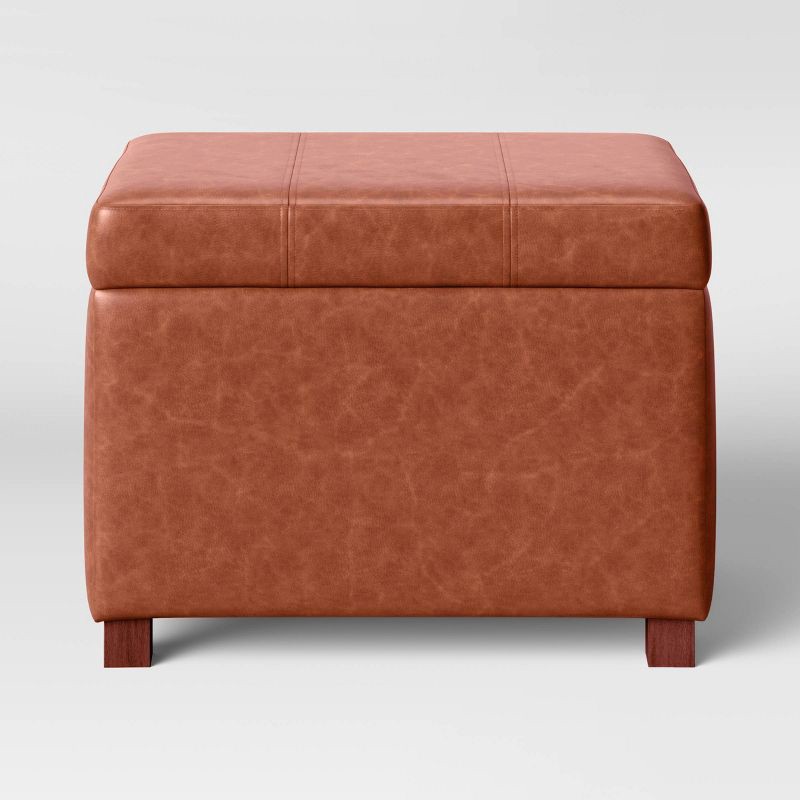slide 1 of 5, Essex Single Storage Ottoman Caramel Faux Leather - Threshold™: Upholstered Rectangular Bench with Lid, 1 ct