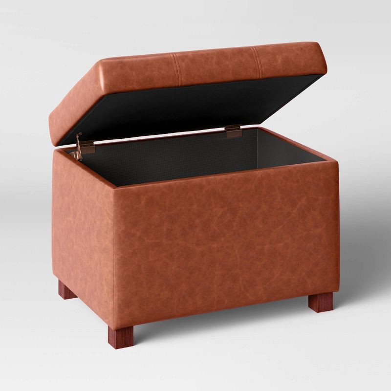 slide 4 of 5, Essex Single Storage Ottoman Caramel Faux Leather - Threshold™: Upholstered Rectangular Bench with Lid, 1 ct