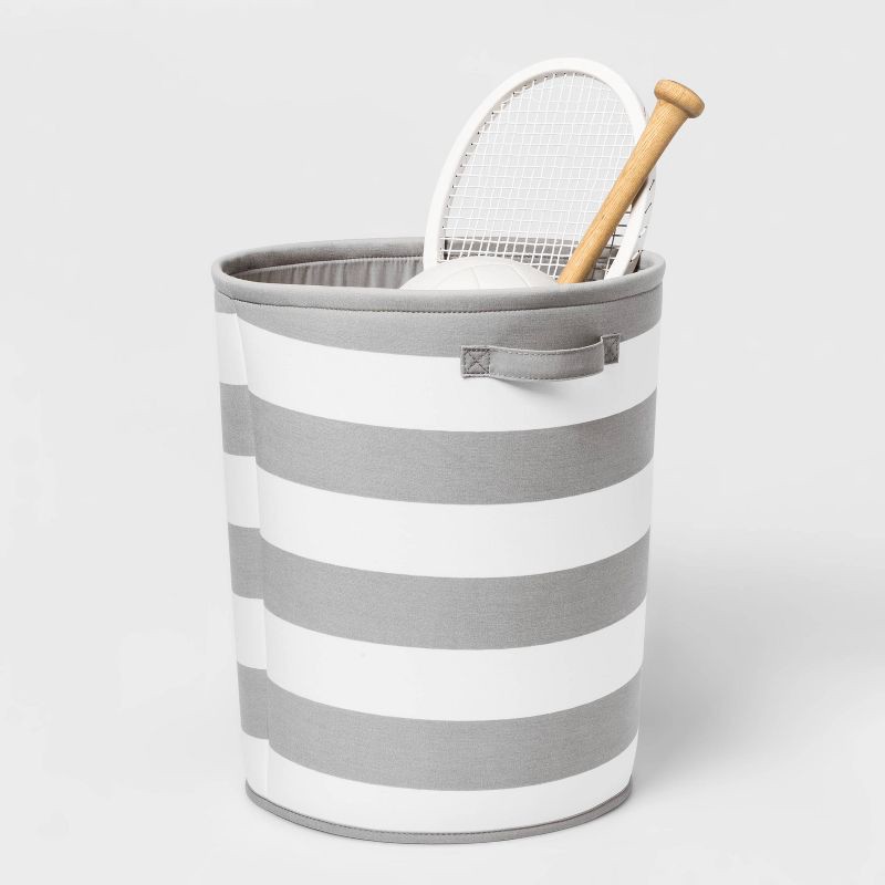 slide 2 of 5, Extra Large Canvas Striped Kids' Bin Gray - Pillowfort™: Toy Storage, Decorative Circular Bin, 38.2 Volume Capacity, 1 ct