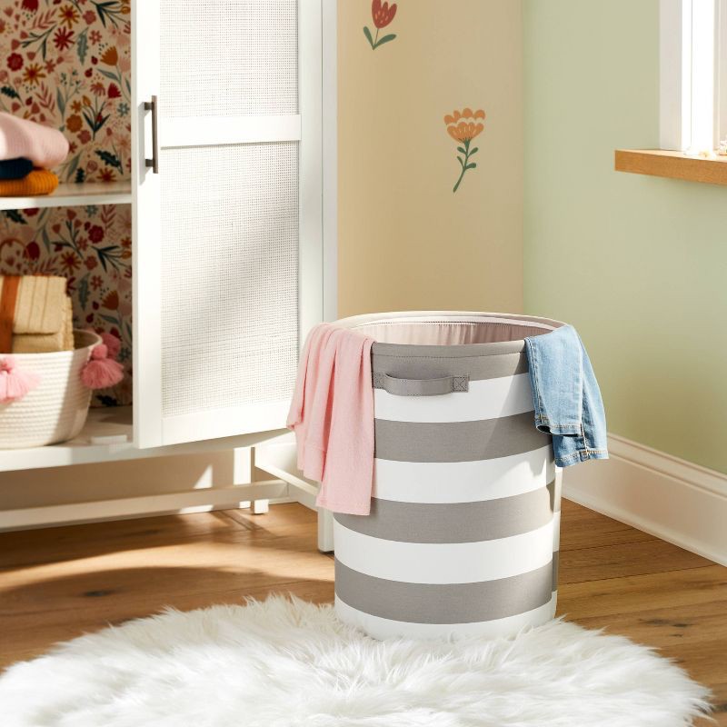 slide 5 of 5, Extra Large Canvas Striped Kids' Bin Gray - Pillowfort™: Toy Storage, Decorative Circular Bin, 38.2 Volume Capacity, 1 ct