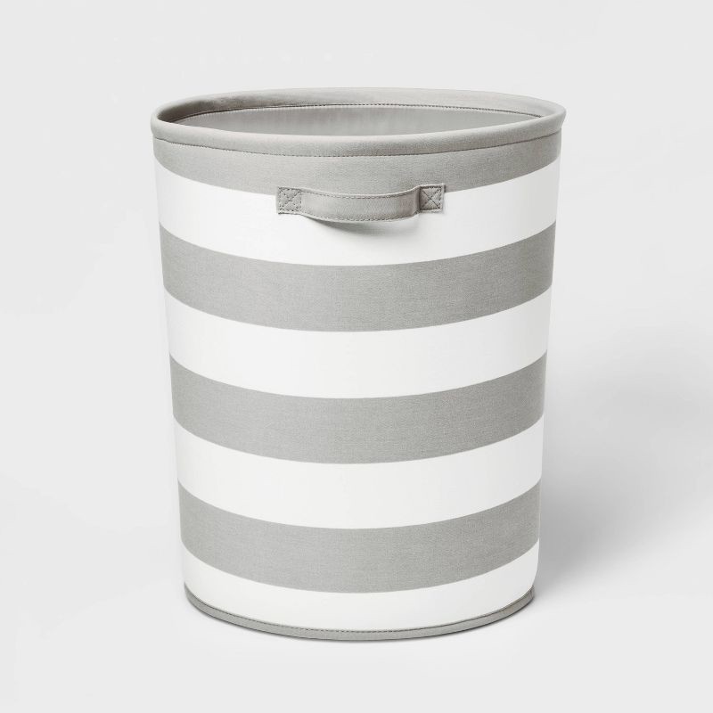 slide 1 of 5, Extra Large Canvas Striped Kids' Bin Gray - Pillowfort™: Toy Storage, Decorative Circular Bin, 38.2 Volume Capacity, 1 ct