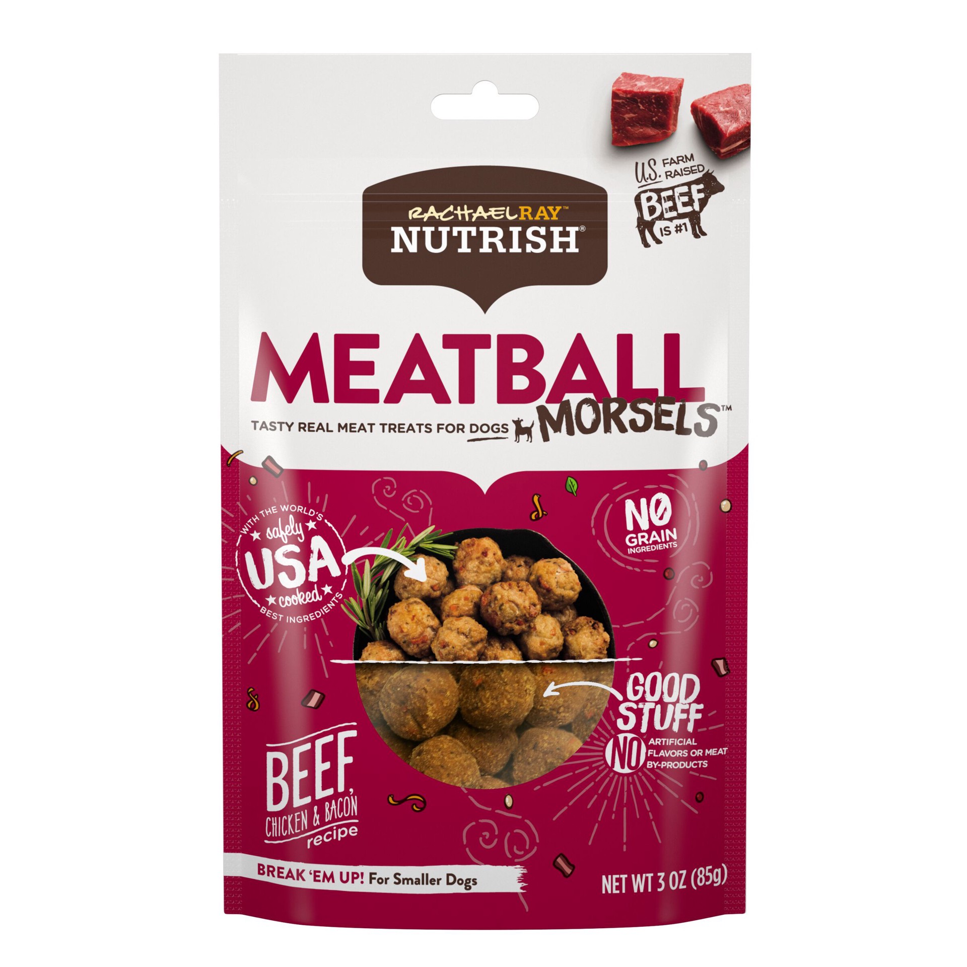 slide 1 of 12, Rachael Ray Nutrish Meatball Morsels Grain Free Dog Treats Beef Chicken Bacon Recipe, 3 oz