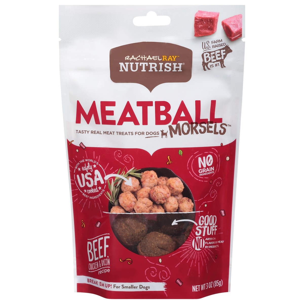 slide 1 of 12, Rachael Ray Nutrish Meatball Morsels Grain Free Dog Treats Beef Chicken Bacon Recipe, 3 oz