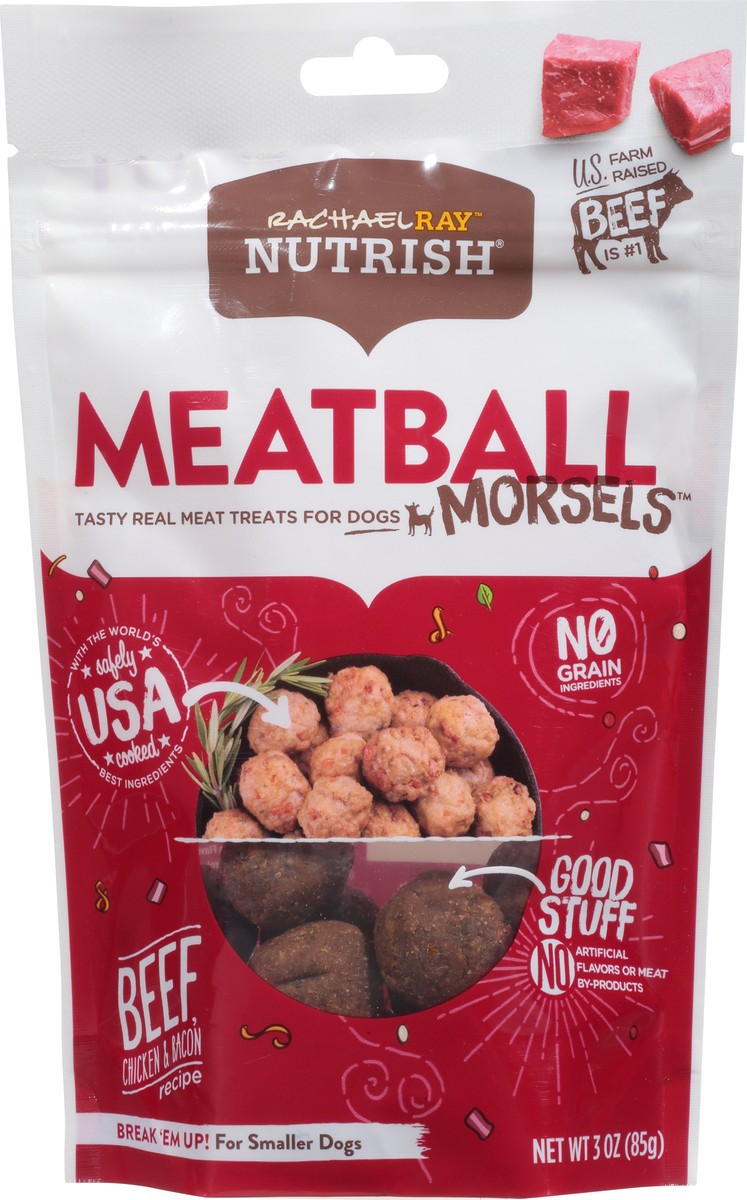 slide 1 of 12, Rachael Ray Nutrish Meatball Morsels Grain Free Dog Treats Beef Chicken Bacon Recipe, 3 oz