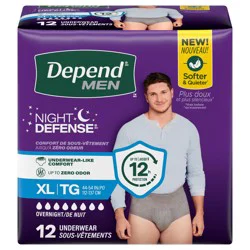 Depend Night Defense Adult Incontinence Underwear for Men, Disposable, Overnight, Extra-Large, Grey, 12 Count (Packaging May Vary)