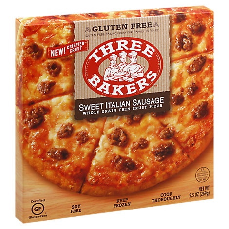 slide 1 of 1, Three Bakers Pizza Sweet Italian Sausage Whole Grain Frozen, 9.5 oz