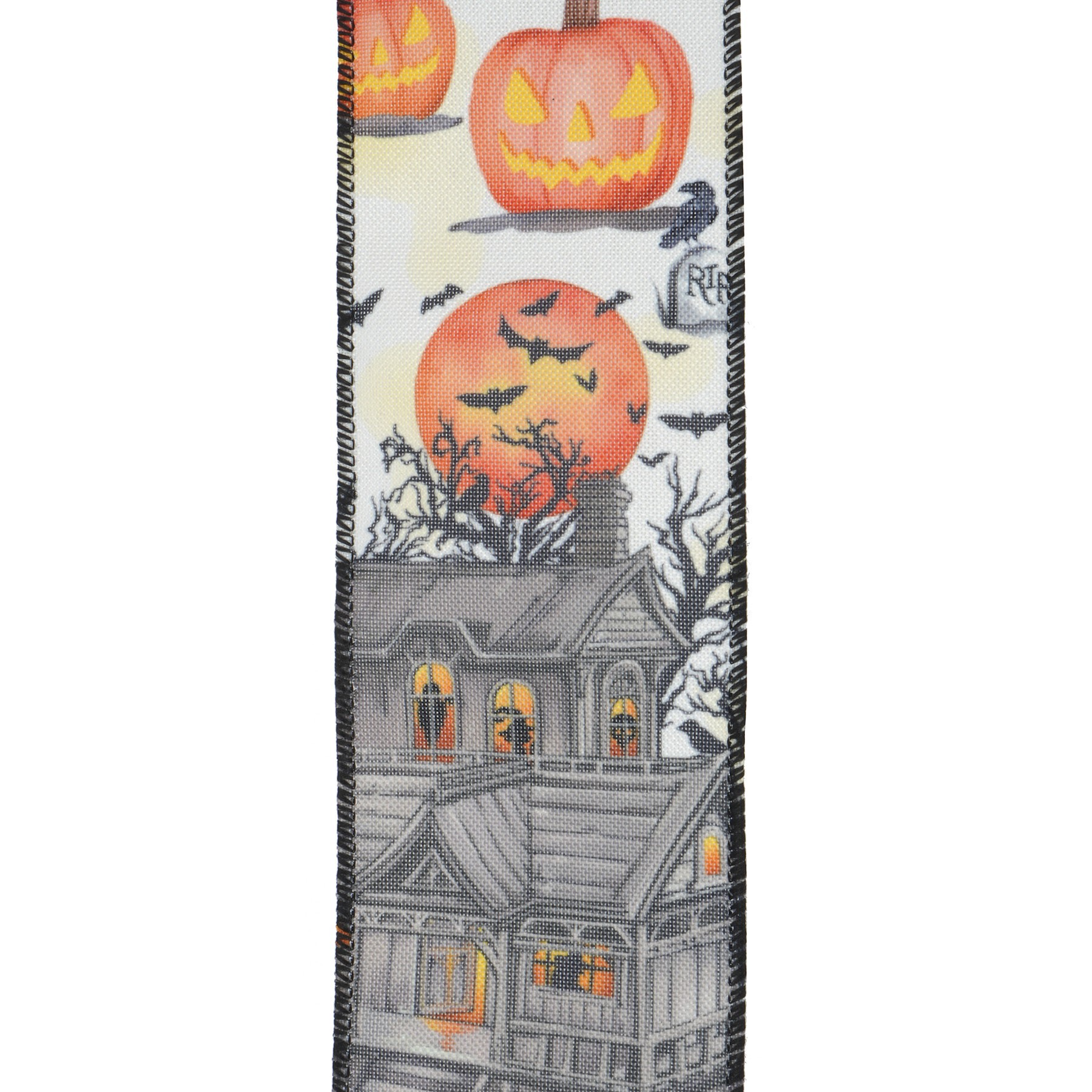 slide 3 of 3, 2.5" X 20ft. Haunted House With Pumpkins & Bats Wired Ribbon By Celebrate It Halloween, 2.5 in x 6.6 yd