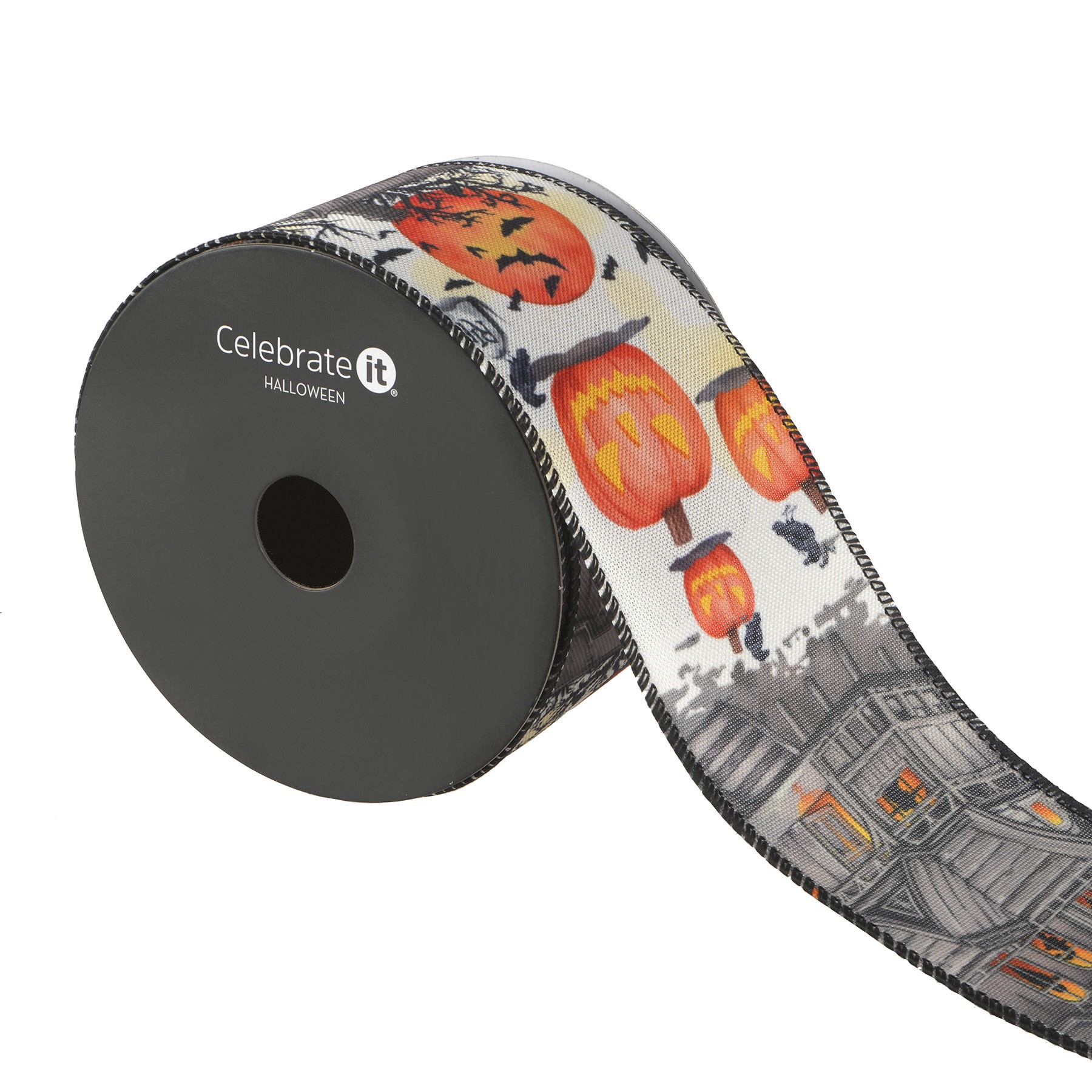 slide 2 of 3, 2.5" X 20ft. Haunted House With Pumpkins & Bats Wired Ribbon By Celebrate It Halloween, 2.5 in x 6.6 yd