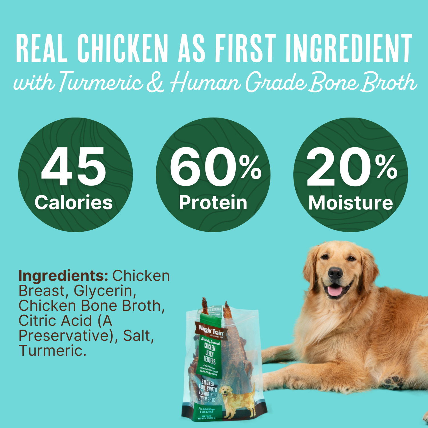 slide 4 of 6, WAGGIN TRAIN Waggin' Train Naturally Smoked Chicken Jerky Tenders with Turmeric and Bone Broth Dog Treats - 24 oz Bag, 24 oz