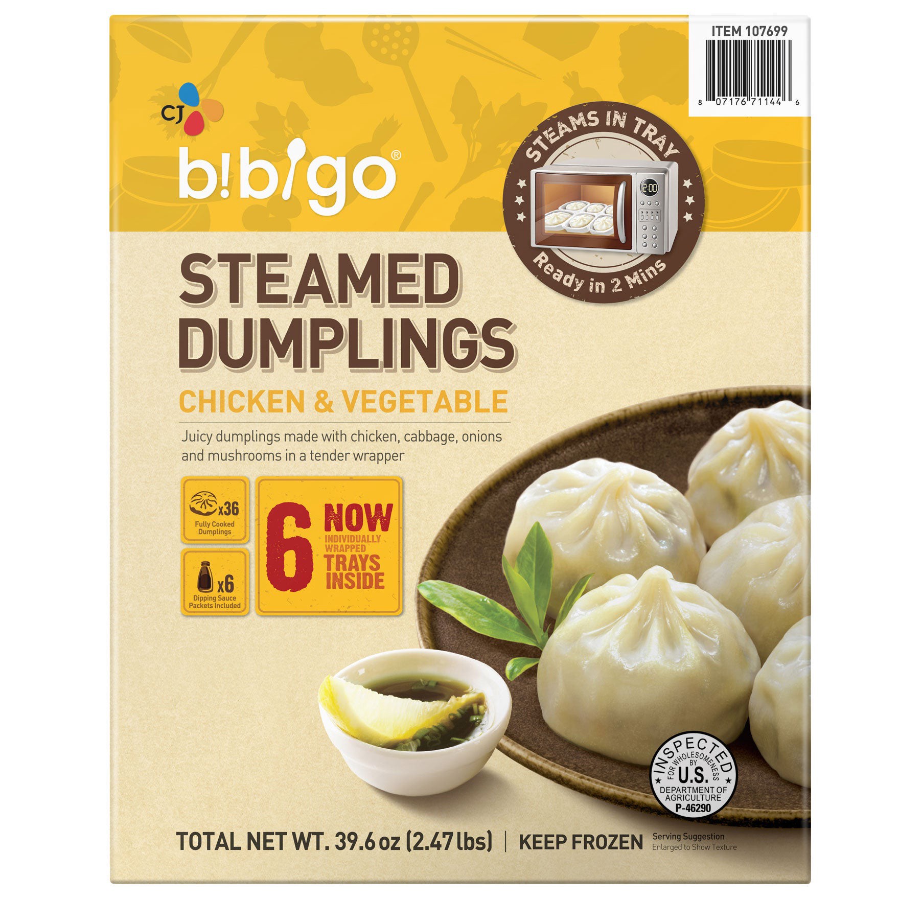 slide 1 of 2, CJ Bibigo Steamed Dumplings, Chicken & Vegetable, 39.6 oz, 6 count, 