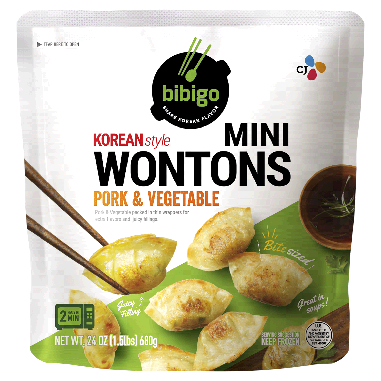 slide 1 of 2, Bibigo Frozen Mini Wontons Pork & Vegetable Dumplings, 24 oz