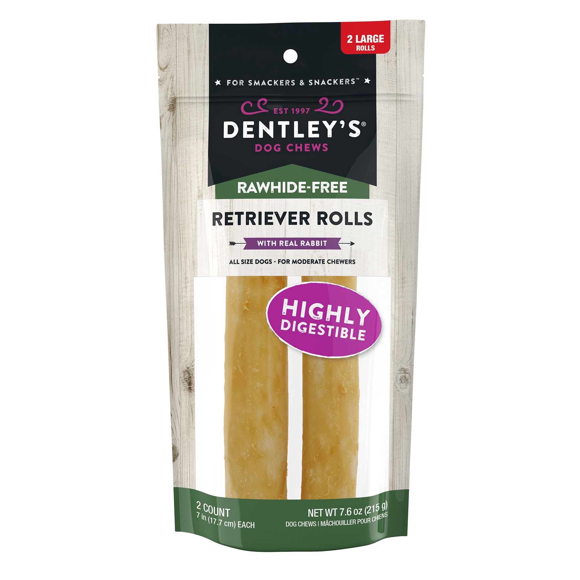 slide 1 of 1, Dentley's Rawhide-Free 7" Retriever Rolls Dog Chew - Rabbit, 2 Count, 2 ct