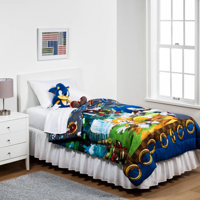 slide 2 of 4, Twin Sonic the Hedgehog Run Rings Around You Reversible Kids' Comforter, 1 ct