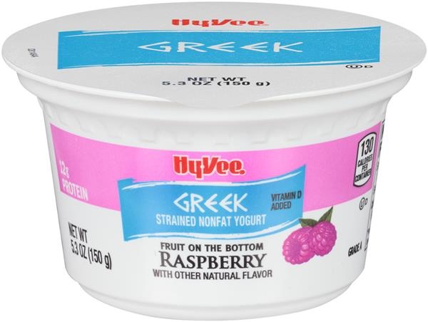 slide 1 of 1, Hy-vee Raspberry Fruit On The Bottom Greek Strained Nonfat Yogurt, 5.3 oz