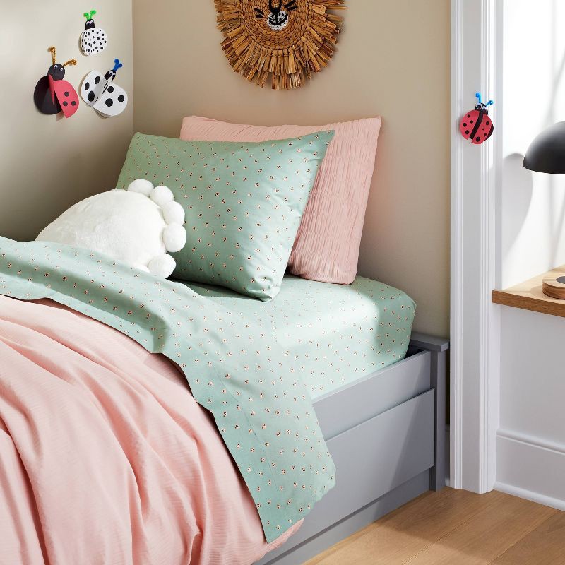 slide 2 of 3, Full Ladybug Microfiber Kids' Sheet Set Mint - Pillowfort™: Animal Print, 4-Piece, OEKO-TEX Certified, Fits 16" Mattress, 1 ct
