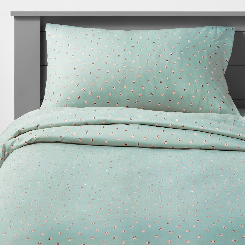 slide 1 of 3, Full Ladybug Microfiber Kids' Sheet Set Mint - Pillowfort™: Animal Print, 4-Piece, OEKO-TEX Certified, Fits 16" Mattress, 1 ct
