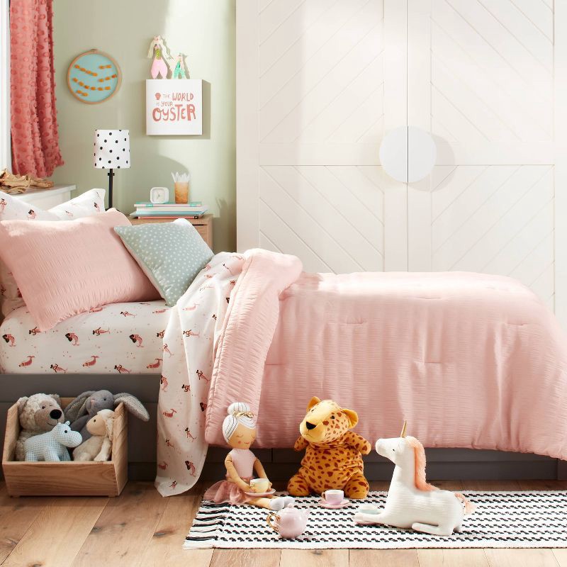 slide 2 of 4, Full/Queen Seersucker Kids' Comforter Set Pink - Pillowfort™, 1 ct
