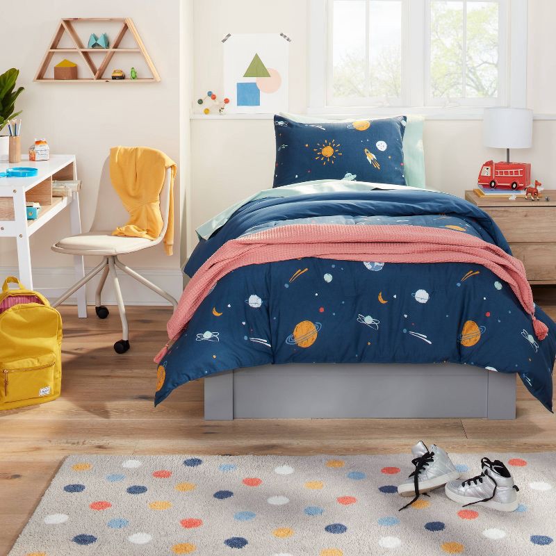 slide 2 of 5, Twin Space Kids' Comforter Set Navy - Pillowfort™: , Spaceship Pattern, OEKO-TEX Certified, Includes Sham, 1 ct