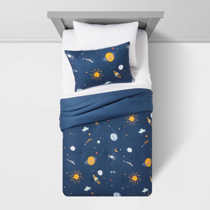 slide 3 of 5, Twin Space Kids' Comforter Set Navy - Pillowfort™, 1 ct