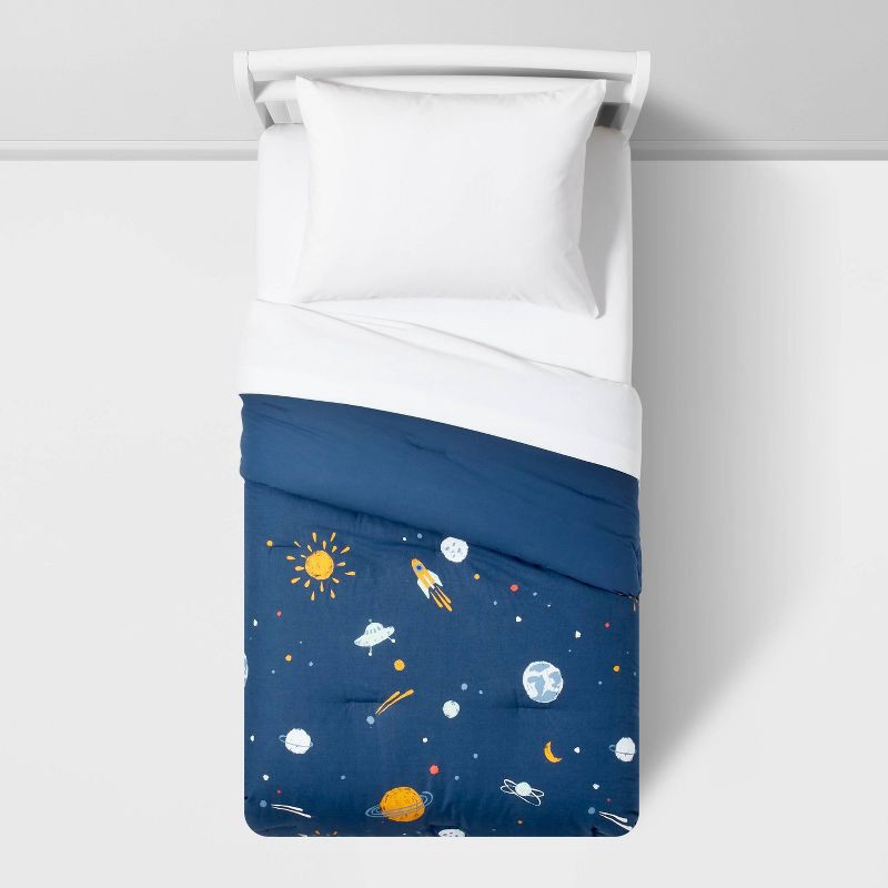 slide 4 of 5, Twin Space Kids' Comforter Set Navy - Pillowfort™: , Spaceship Pattern, OEKO-TEX Certified, Includes Sham, 1 ct
