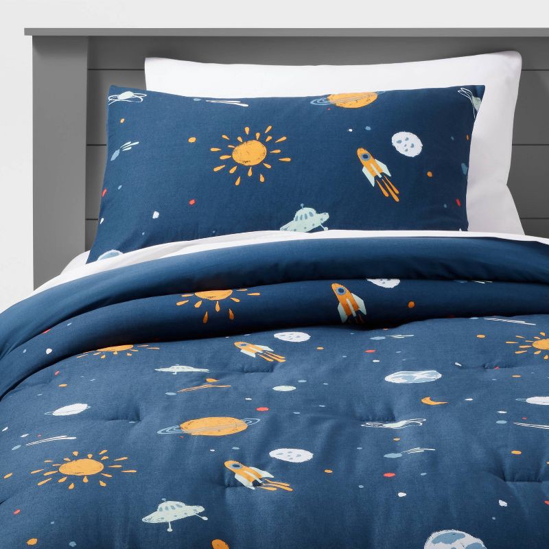 slide 1 of 5, Twin Space Kids' Comforter Set Navy - Pillowfort™, 1 ct