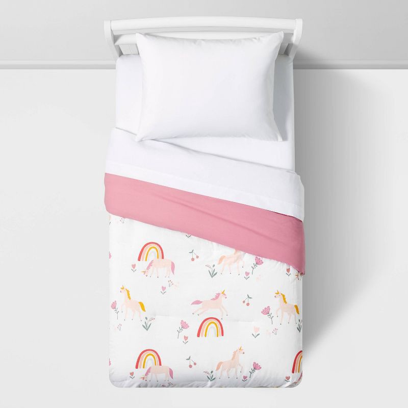 slide 2 of 6, Twin Unicorn Kids' Comforter Set - Pillowfort™: Girls Twin Bedding, Rainbow Pattern, OEKO-TEX Certified, 1 ct