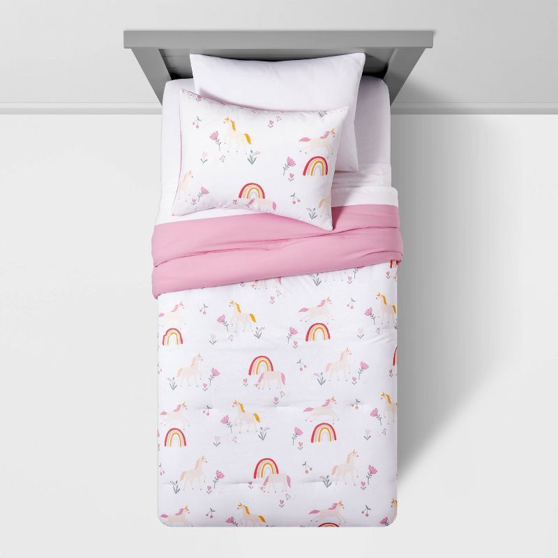 slide 3 of 6, Twin Unicorn Kids' Comforter Set - Pillowfort™: Girls Twin Bedding, Rainbow Pattern, OEKO-TEX Certified, 1 ct