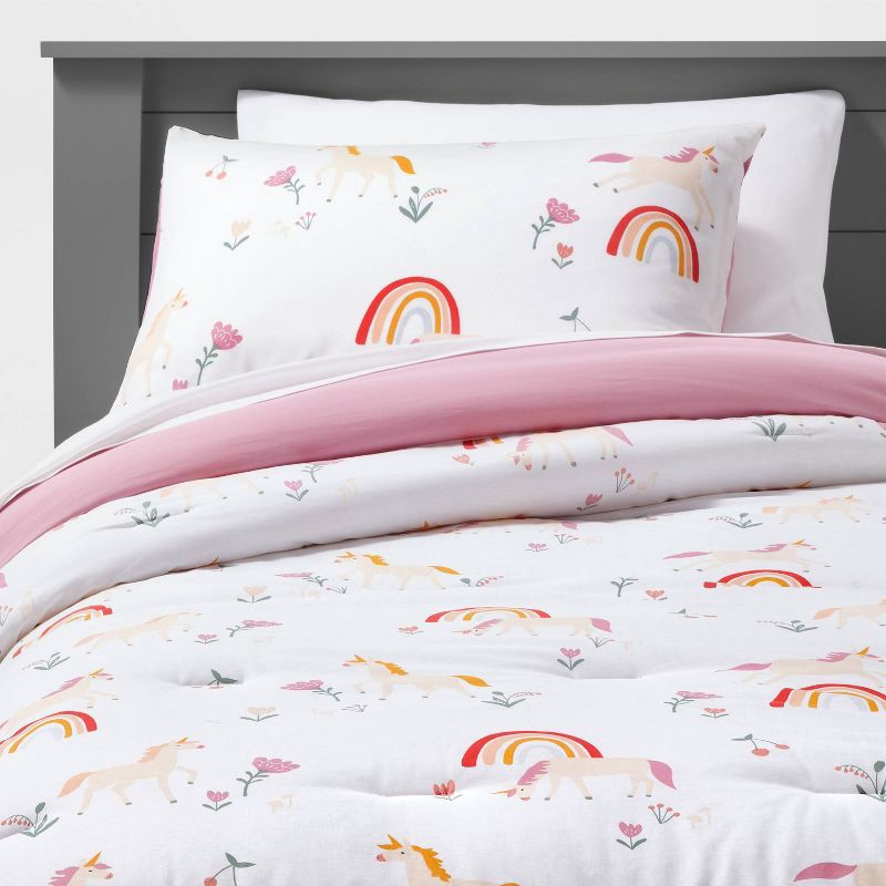 slide 6 of 6, Twin Unicorn Kids' Comforter Set - Pillowfort™: Girls Twin Bedding, Rainbow Pattern, OEKO-TEX Certified, 1 ct