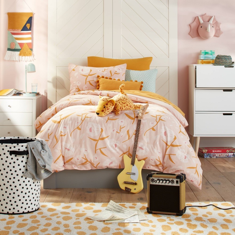 Pink And Gold Floral-Cotton Comforter Set.
