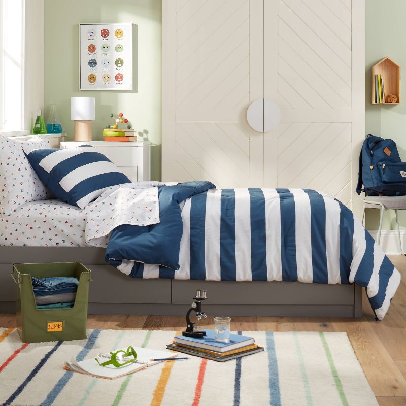 Twin Rugby Striped Cotton Kids' Comforter Set Navy Pillowfort 1 ct