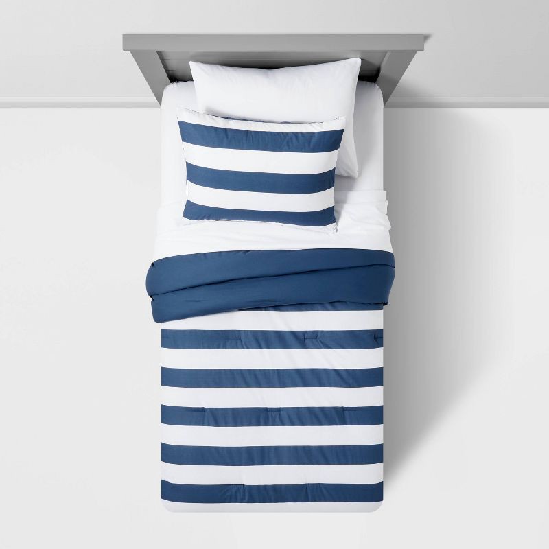 Twin Rugby Striped Cotton Kids' Comforter Set Navy Pillowfort 1 ct