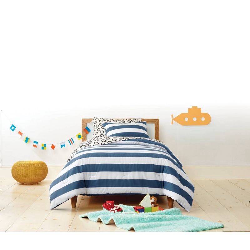 slide 5 of 5, Twin Rugby Striped Kids' Comforter Set Navy - Pillowfort™, 1 ct